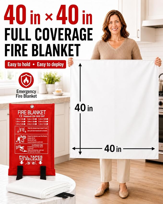 Ougist 2 Pack Emergency Fire Blanket for Home and Kitchen, 40"x40" Fire Blankets for Safety, Fiberglass Flame Suppression for Grill, RV & Camping, Peace of Mind for Your Family