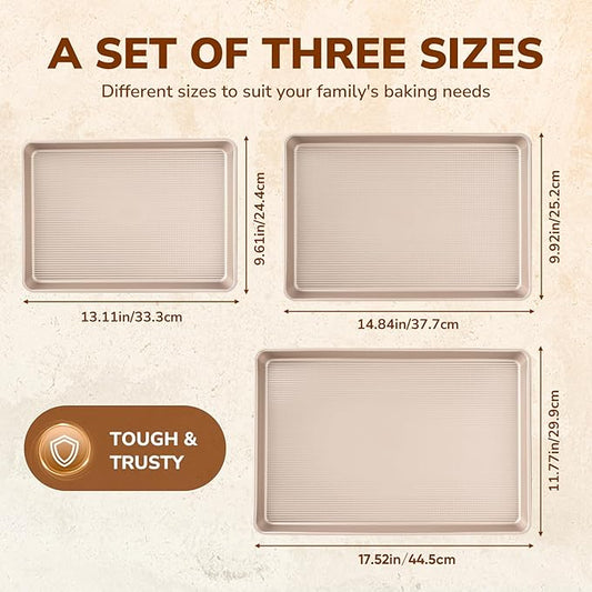 Nonstick Baking Sheet Pan Set of 3, Heavy Duty Cookie Sheets for Oven, 0.6mm Thick Quarter Size & Half Size & Jelly Roll Pan, Rustproof & Easy Clean with Textured Surface(Champagne Gold)