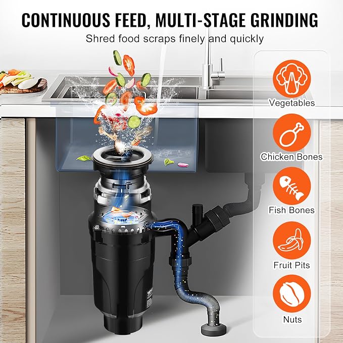 VEVOR JW-301 Garbage 1/2HP 3450RPM DC Motor, Continuous Feed Sink Disposer, EZ Connect Food Waste Grinding System with Power Cord and Splash Guard, for Kitchen, Black