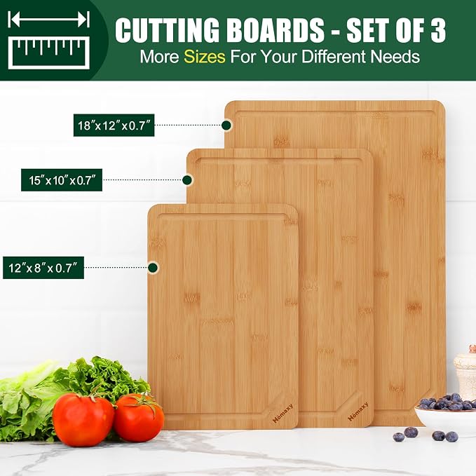 Homaxy Organic Bamboo Cutting Boards Set for Kitchen Set of 3 | Wooden Cutting Board Set with Juice Groove and Handles, Charcuterie Butcher Block Serving & Chopping Board, Pre Oiled