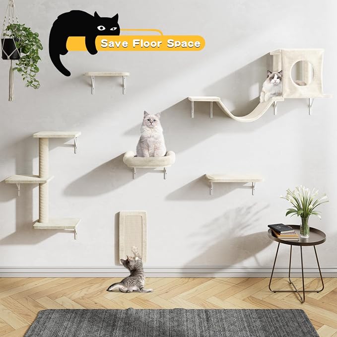 12-in-1 Cat Wall Shelves, Luxury Wall-Mounted Cat Climber Set with Condos House, Scratching Post, Bridge Ladder, Indoor Space-Saving Furniture for Kittens, Beige