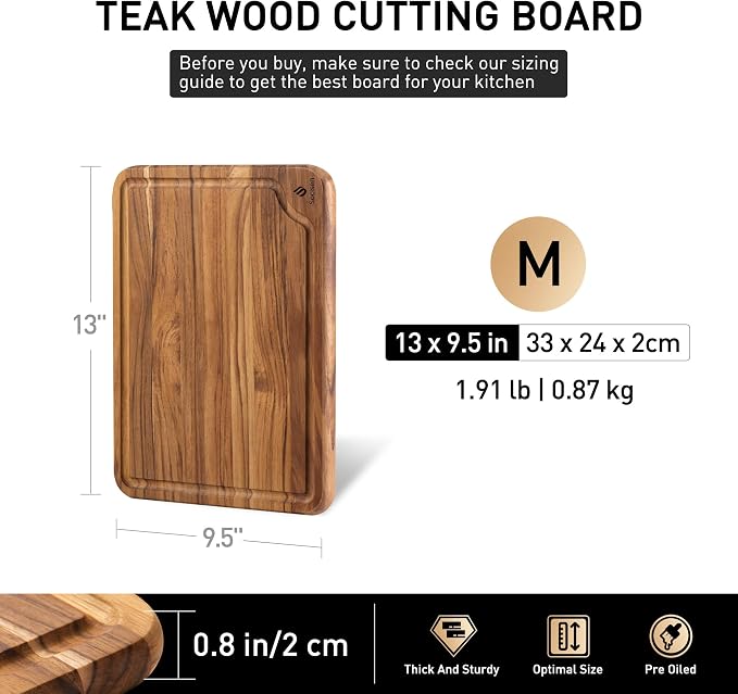 Teak Cutting Boards for Kitchen 13'' Teak Wood Wooden Charcuterie Board | Charcuterie Board, Serving, Heavy Duty, Sink Board, Non Slip, Wooden Chopping Board, Small Wooden Chopping Board