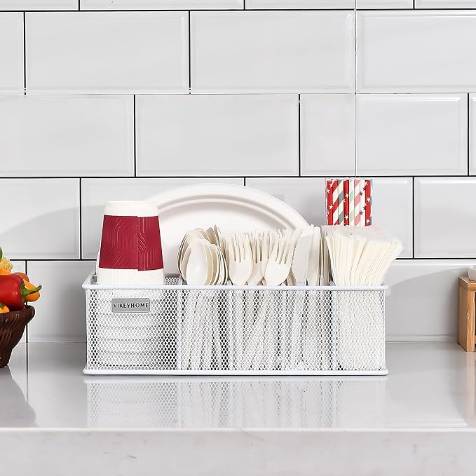 VIKEYHOME Paper Plate Organizer, Metal Silverware Caddy, White | 6 Compartments Utensil Holder for Plate, Knives, Spoon, Cup, Fork, Napkin, Caddy for Party, Camping, Picnic