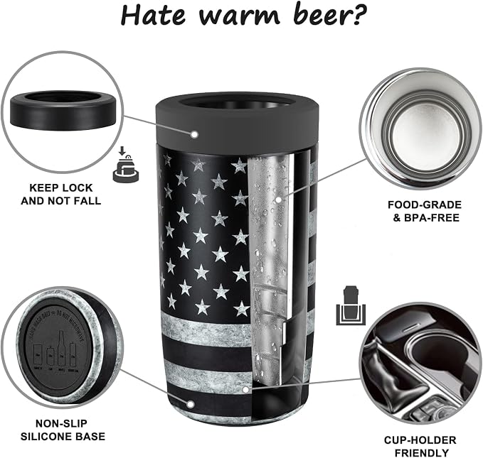 4-in-1 Slim Can Cooler Easy to Hold Insulated Beer Can Holder Double-Walled Stainless Steel for All 12 Oz Cans Black America Flag 2