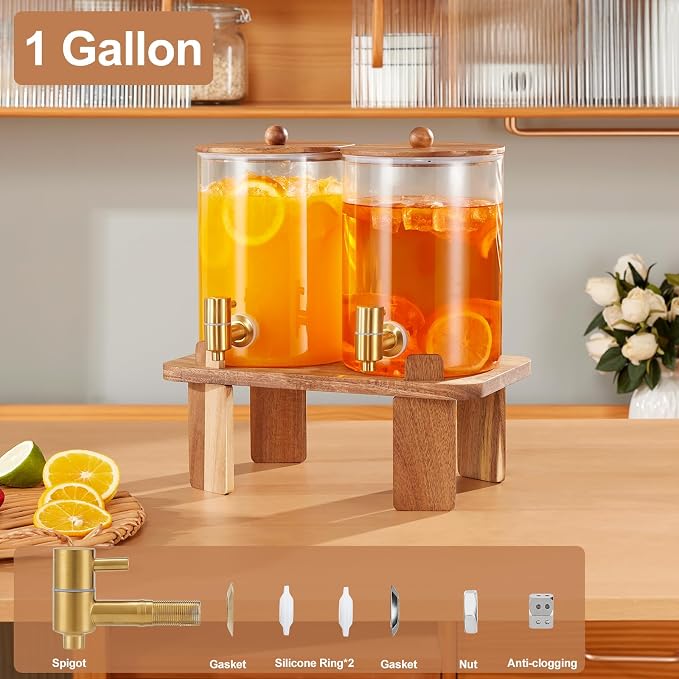 FavorFlavor Glass Drink Dispenser for Party: 2p 1 Gallon Dispenser w/Stand | 4L large capacity-Stainless Steel Spigot-Beverage Container for Lemonade/Juice/Sun Tea-Ideal for Home Gatherings&Party Drink