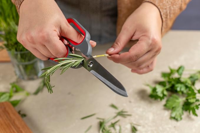 Kuhn Rikon Kitchen Shears Universal | Herb Stripper, Twist-Off Lid Opener, Micro-Serrated Blades, Self-Sharpening Blade