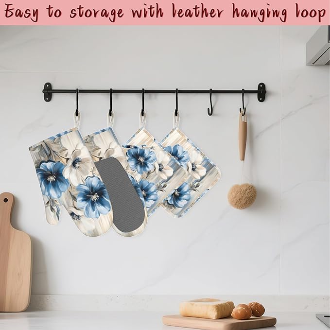 Flower Heat-Resistant Silicone Oven Mitts and Pot Holders,Flower on Marble Art Long Oven Gloves with Non-Slip Grip for Cooking, Baking, Grilling,BBQ