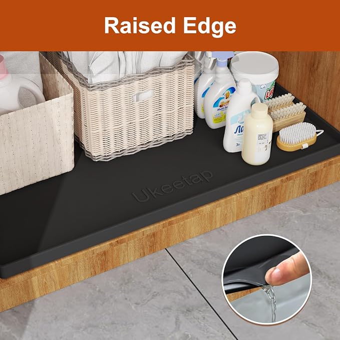 ukeetap 22" x 19" Extra Thick Silicone Mat Waterproof with Raised Edge, Under Sink Mat for Kitchen & Bathroom, Kitchen Cabinet Liner, Multi-Purpose for Storage & Protection, Black