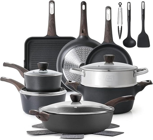 SENSARTE Pots and Pans Set Nonstick, 20 Pcs Induction Cookware Sets, Non-toxic Healthy Non Stick Kitchen Cooking Set with Stay-Cool Handles, PFOA PFOS Free, Black