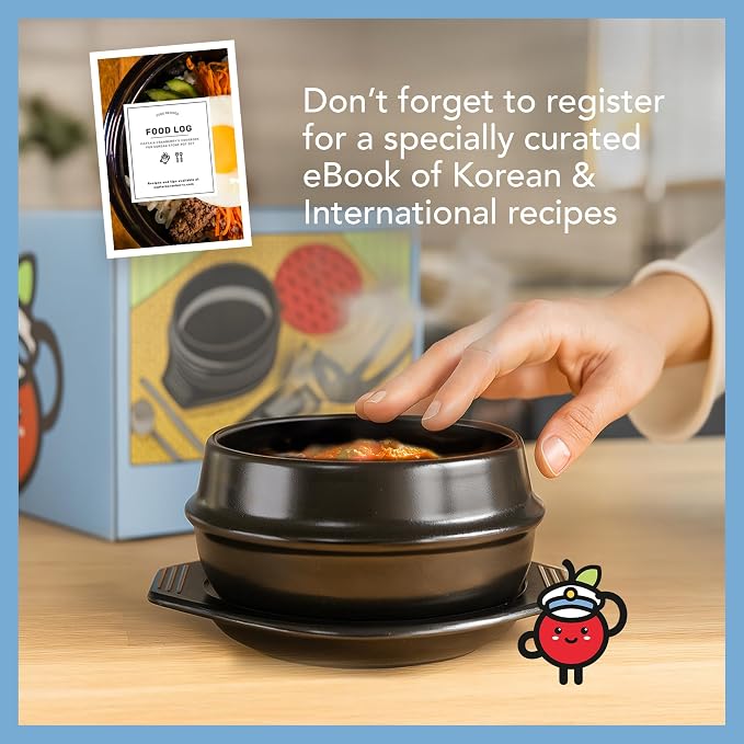 Korean Stone Pot Set (7-piece, 38.7oz with Hot Pot Grip), Ttukbaegi, Dolsot, Korean Soup Bowl, Ceramic Pots for Cooking, Soup Pot, Earthenware Claypot, Bibimbap, Ramen
