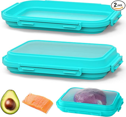2-Piece Airtight Food Storage Containers Set – Avocado Saver, Onion Keeper, Silicone Kitchen Organizers for Fridge, Reusable & Leak-Proof to Lock in Freshness K05-light blue