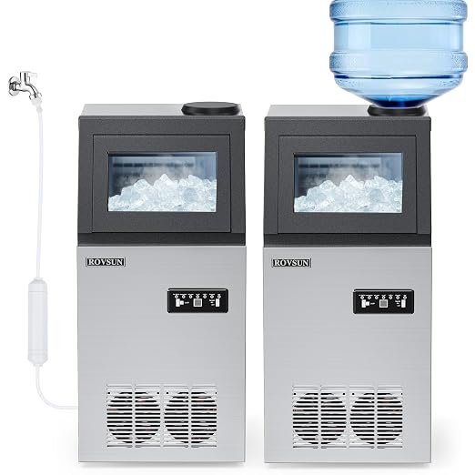 ROVSUN Commercial Ice Maker 150lbs/24h Automatic Built-in Stainless Steel Under Counter/Freestanding Ice Machine for Restaurant Bar with 24lbs Storage, Connection Hoses & Ice Scoop