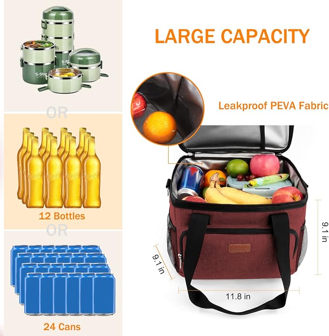 Lunch Bags for Women/Men, Insulated Lunch Bag for Work Office Picnic - Large Lunch Cooler Bag Leakproof Lunch Box with Adjustable Shoulder Strap for Adults - Red(15L)