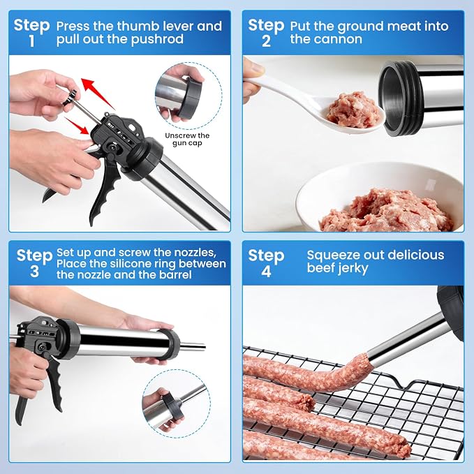 2.1 LB Professional 304 Stainless Steel Jerky Gun Kits, Sausage Stuffer, Jerky Maker, Jerky Shooter, Beef Jerky Making Gun with 5 Nozzles, 1 meat pusher and 5 Cleaning Brushes
