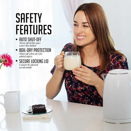 OVENTE Electric Kettle, 1.7L Double Wall Stainless Steel Insulated Water Boiler & Heater for Coffee or Tea, 1100W Fast Boiling with Auto Shut-Off, Boil-Dry Protection & Secure Locking Lid, White KD64W
