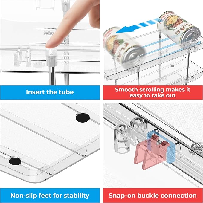 Can Organizer for Pantry 4 Tiers Rolling Can Storage Cupboard | Automatic Rolling Holds 48 Cans Combinable Canned Food Organizer Soda Can Organizer for Cupboard Cabinets Pantry Fridge Clear