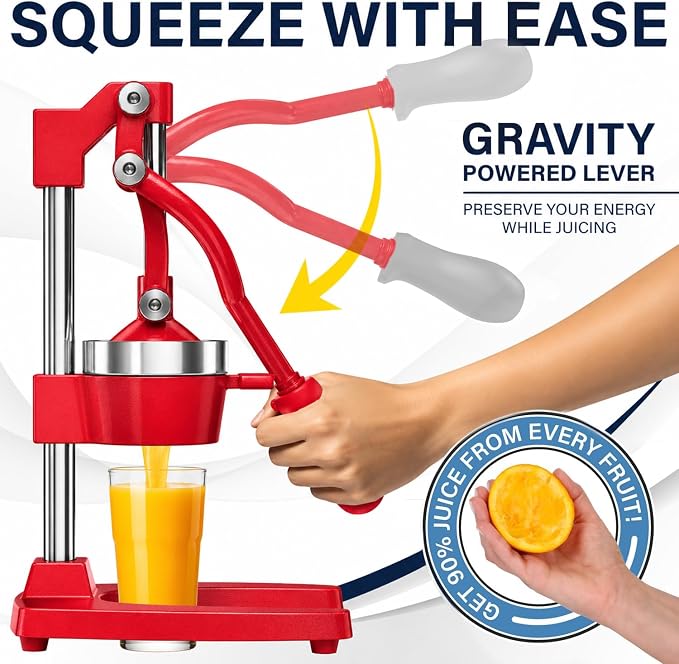 Eurolux Ultra-Premium Cast Iron Juicer | Extra-Large, Heavy Duty, Commercial Grade, Stainless Steel Manual Hand Press Citrus Squeezer For Fresh Orange Juice, Pomegranate, Lemon, and Much More (Red)