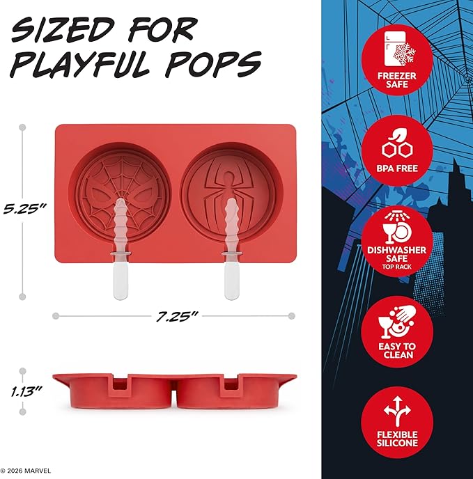 Marvel Silicone Popsicle Molds with Lid – Compact BPA-Free Popsicle Maker Featuring Spiderman, Flexible Ice Pop & Ice Cream Molds with Sticks, Dishwasher Safe, 2 Mold Set for Homemade Frozen Treats
