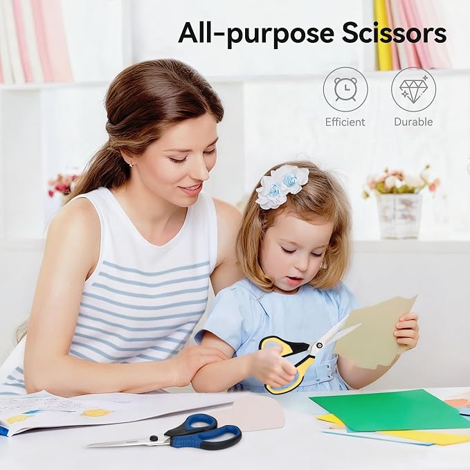 QMVESS 8.5" Scissors All Purpose 3 Pack Heavy Duty for Office School Fabric | Ultra Sharp 2.5mm Thick Stainless Blade, Ergonomic Comfort Grip, Left & Right Handed Classroom Must-Have Cutting General Use