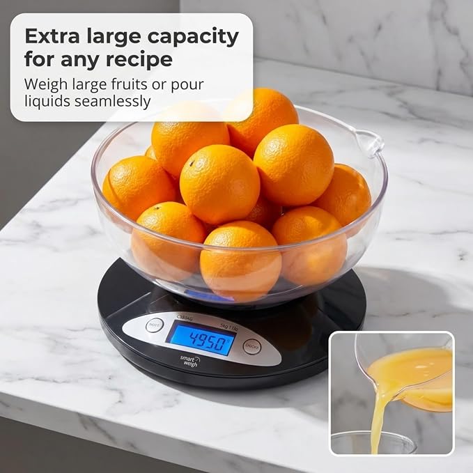 Smart Weigh Digital Kitchen Scale with Removable Bowl – 11lb/5kg Capacity, 0.1oz/1g Precision – High Accuracy Food Scale for Baking, Cooking & Meal Prep (Black)