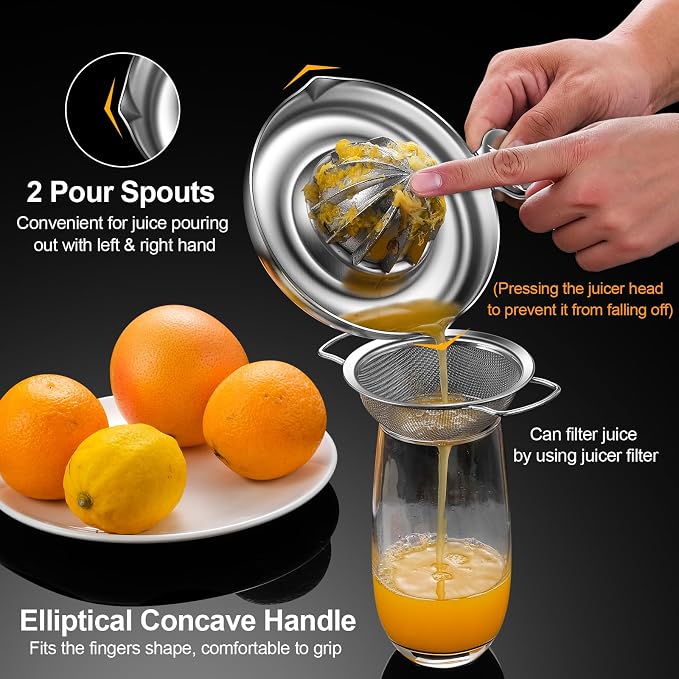 Lemon Squeezer Stainless Steel,Ultra Heavy Duty Manual Citrus Juicer | Premium Orange Lime Fruit Squeezer Set, Robust Reamer Rotation, 2 Pour Spout, 200ML Container, Detachable & Easy to Clean