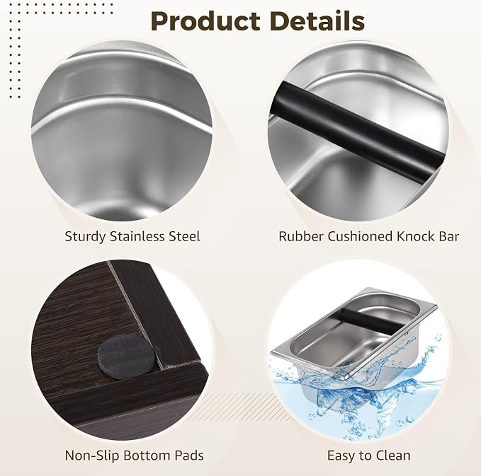 Stainless Steel Espresso Knock Box, Large Capacity Coffee Grounds Container with Removable Inner Tank, Rubber Knock Bar, Anti-Slip Base, Barista Coffee Accessories for Home and Cafe Use