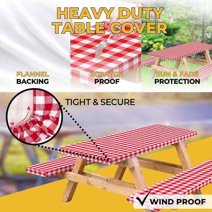 Vinyl Fitted Picnic Table Cover with Bench Covers & Bag 6ft Red Checkered | Vinyl Fitted Picnic Table Cover with Bench Covers and Bag, Outdoor Waterproof Windproof Picnic Tablecloth with Elastic Edges.