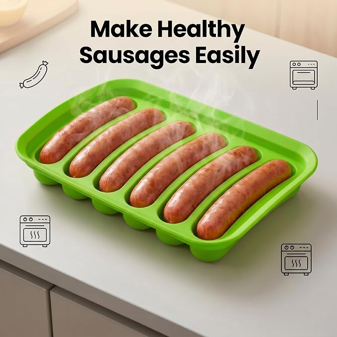 2 Pcs Silicone Sausage Mold with a Set of Silicone Brush Spatula and 25x Pastry Bags,Non-Stick Hot Dog Bun Pan,DIY Handmade Ham Sausage,Hot Dogs Baking Mold for Children's Food with Lid(Red,Green)