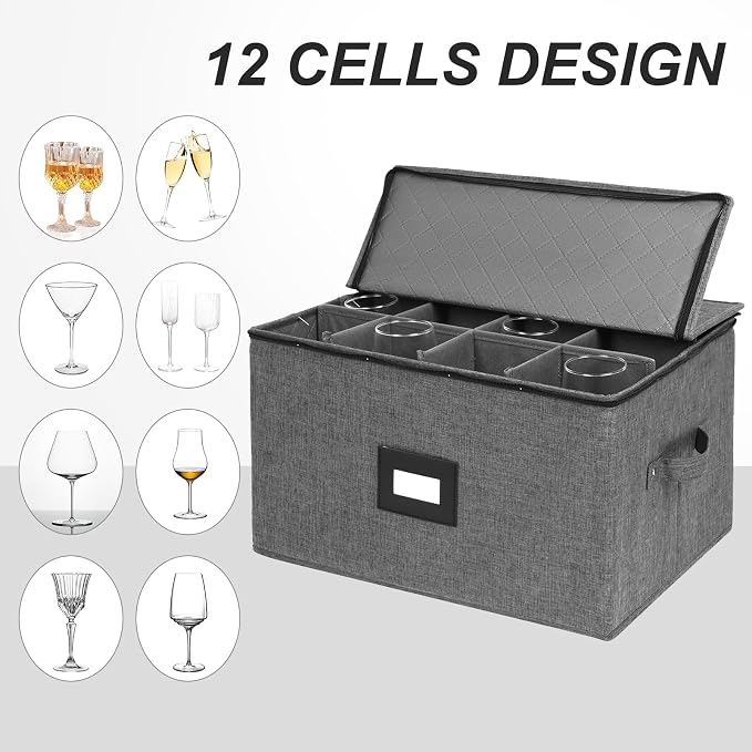 Mayniu Stemware Storage Cases, Wine Glass Storage Box with Dividers | Hard Shell Top, Stackable for Crystal, Glassware Storage Containers for Packing, Moving & Home (17"x13"x10" Black)