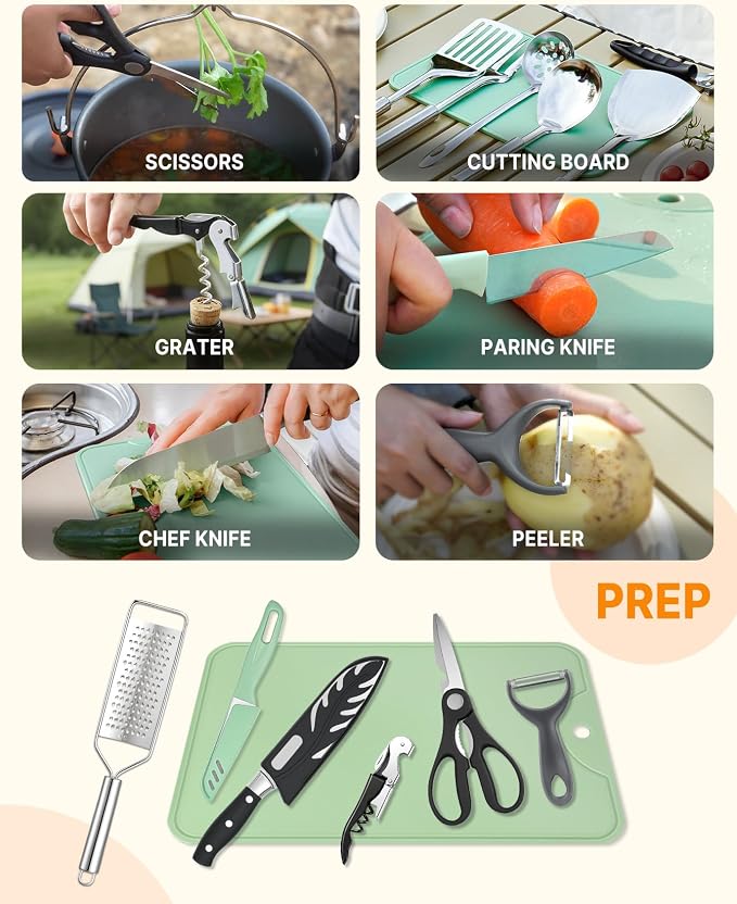 Gaialoop Portable Camping Cooking Utensils Set, Camp Kitchen Set with Organizer Bag, RV Essentials Outdoor Cooking Utensil Kit for Travel, Picnics, Camping, BBQs, Parties