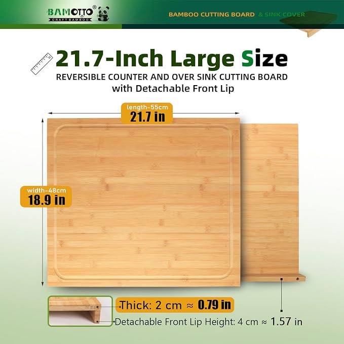 BAMOTTO CRAFTBAMBOO 21.7x18.9 in Oversized Bamboo Cutting Board Sink Cover | Non-Slip Detachable Lip | Reversible Juice Groove & Flat Side | Kitchen Noodle Board Stovetop Cover
