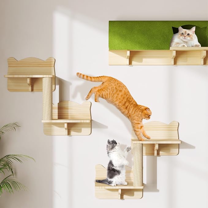 Cat Wall Shelves Set, 7-in-1 Cat Wall Furniture with Tunnel | Multi-Level Floating Cat Shelves for Space Saving, Solid Wood Cat Climbing System with Scratching Posts, Burlywood