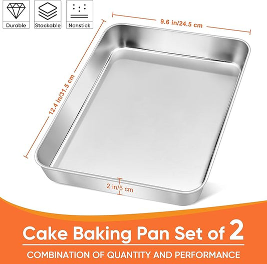 Herogo Rectangle Cake Pan Set of 2, 9 X 13 Inch Stainless Steel Baking Pan for Oven, Lasagna Brownies Casseroles Cakes Bakeware, Dishwasher Safe