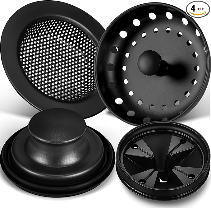 4 Pcs Matte Black Kitchen Sink Accessories Garbage Disposal Splash Guards 3.4'' Sink Drain Strainer and Stopper Stainless Steel Garbage Disposal Plug for Kitchen Drain Strainer