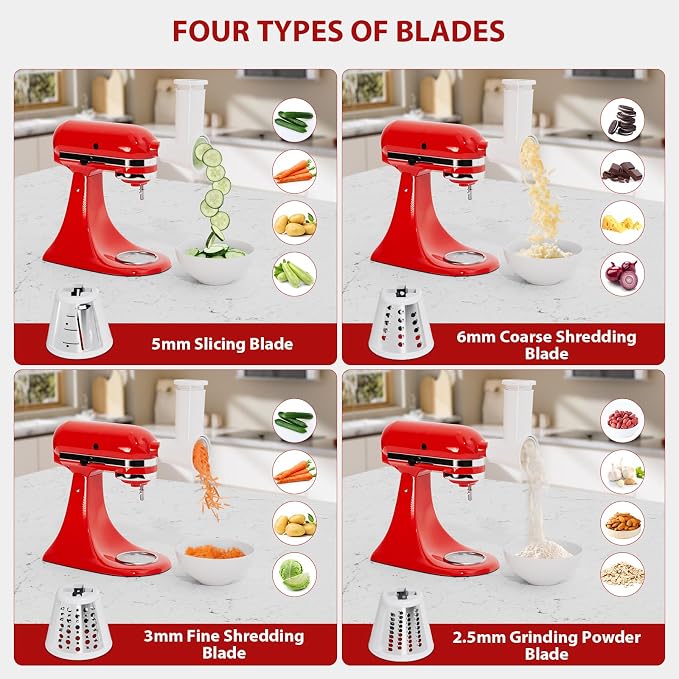 Meat Grinder & Cheese Grater Attachment for KitchenAid Stand Mixer | 21Pcs, 4 Grinding Plates, Metal Sausage Stuffer Tubes, 4 Slicer Shredder Attachment, Kitchen Aid Accessories and Attachments