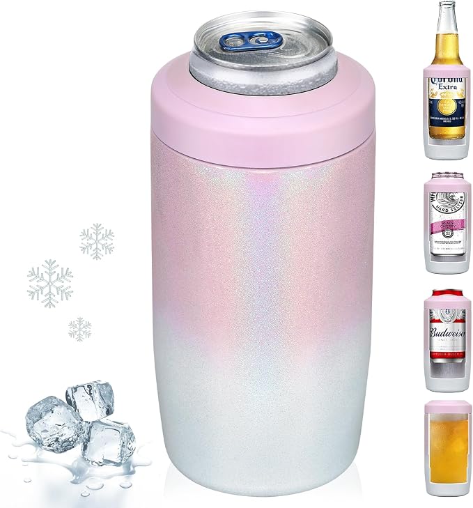 MAXSO Slim Can Cooler, 4-in-1 Double Walled Stainless Steel Insulated Beer Can Holder, Works With All 12 Oz Cans,Bottles & As A Pint Cups - Gradual Pink White