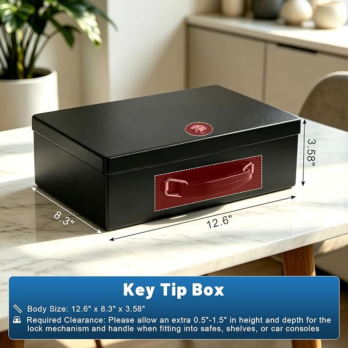 KYODOLED Fireproof Document Box with Key Lock, Small Lock Boxes for Personal Items, Fire and Water Resistance, Fireproof Safe Box for Documents, Jewelry, Passport, Cash, 12.6'' x 8.3'' x 3.58'' Black