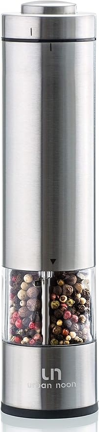 Urban Noon Electric Salt or Pepper Grinder (1 Mill, 8.1" Tall) - One-Handed Push-Button Mills with LED Light, Adjustable Ceramic Coarseness, Gift-Ready Box, 1-Year Warranty - Stainless Steel
