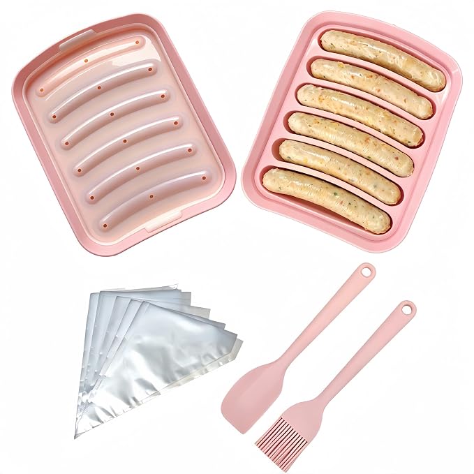 2 Pcs Silicone Sausage Mold with a Set of Silicone Brush Spatula and 25x Pastry Bags, Non-Stick Hot Dog Bun Pan, DIY Handmade Ham Sausage, Hot Dogs Baking Mold for Children's Food with Lid (Pink*2)