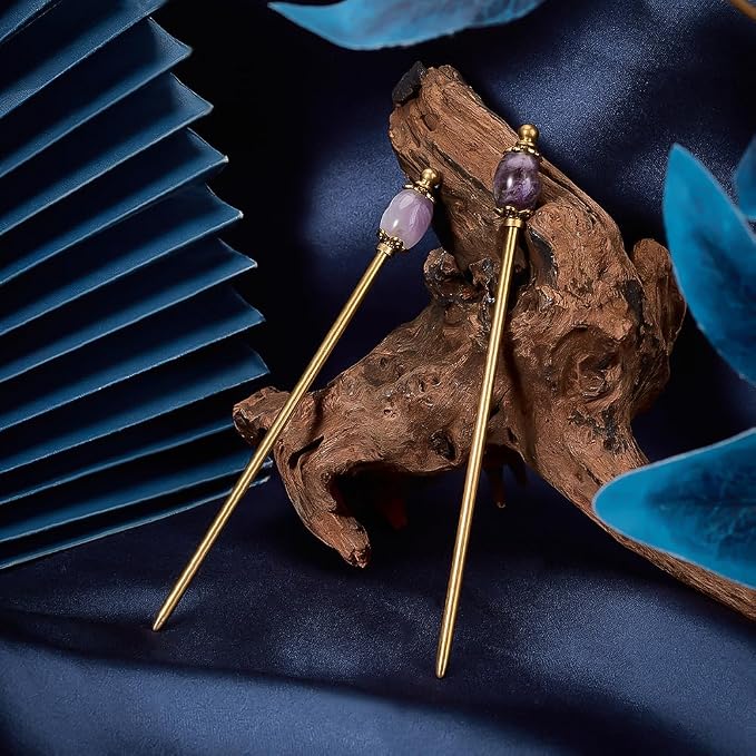PH PandaHall 2pcs Natural Purple Amethyst Hair Stick Golden Hairpins Chinese Hairpin 5.9 inch Metal Hair Sticks Brass Hairs Chopstick Vintage Hairpin for Women Gift Long Hairs Ornament Accessory