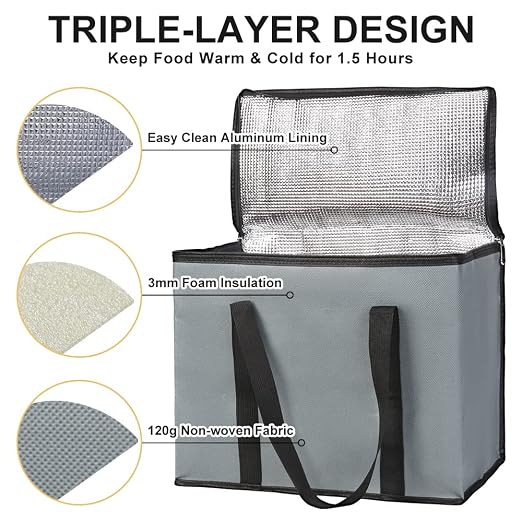 Insulated Grocery Shopping Bags, X-Large Food Delivery Bag for Delivery Drivers, Reusable Tote Cooler Bag for Travel, Dark Gray, 2-Pack