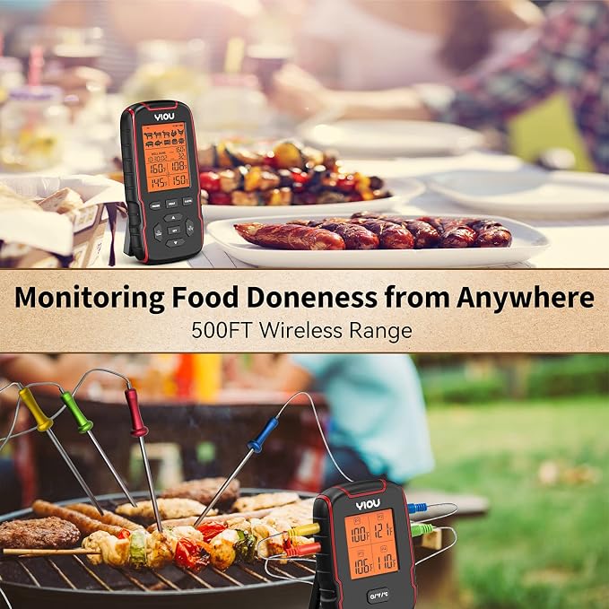 Wireless Meat Thermometer for Cooking, Digital Meat Thermometer with 4 Probes, 500FT Ultra Accurate & Fast Food Thermometer for Oven, Smoker, Red
