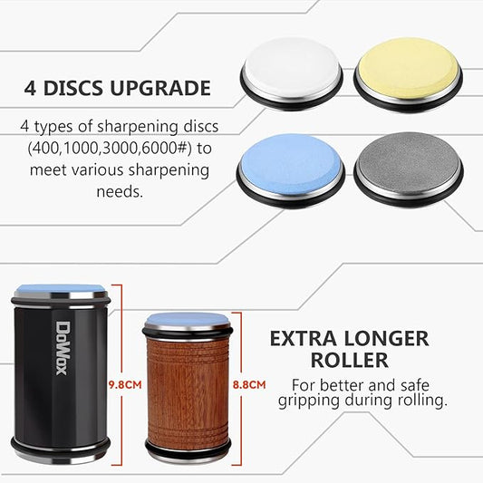 Longer Rolling Knife Sharpener with Leather Strop, Upgraded Rolling Knife Sharpening with 4 Degree Angle and 4PCS Replaceable Honing Discs, Easy to Sharpen Ktichen Knives, Black