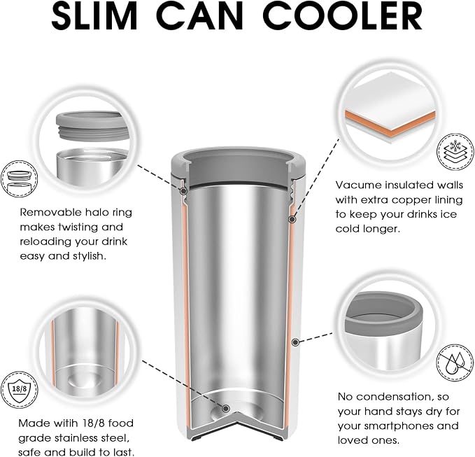 TILUCK Skinny Can Cooler, Stainless Steel Insulated Slim Cans, 12 oz | Beer & Hard Seltzer, Doucle-Walled Stainless Steel Insulated Slim Cans, Slim 12 oz(Spinning Rainbow)