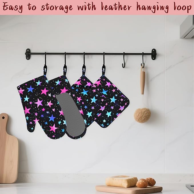 Blue Pink Stars Heat-Resistant Silicone Oven Mitts and Pot Holder 4 Piece Set,Non-Slip Kitchen Oven Gloves for Baking, BBQ, Cooking,Grilling