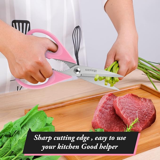 iBayam Pink Kitchen Scissors All Purpose Heavy Duty & Comfort Grip & Cover | Dishwasher Safe, 8.7" Stainless Steel Sharp Scissors Food Poultry, 2-Pack Pink Kitchen Utensils Gadgets for Cooking & Baking
