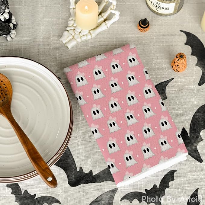 Artoid Mode Pink Ghost Halloween Kitchen Towels Set of 2 18x26 Inch | Spooky Bow Knot Hand & Dish Towels,Ultra Absorbent,Seasonal Farmhouse Decoration