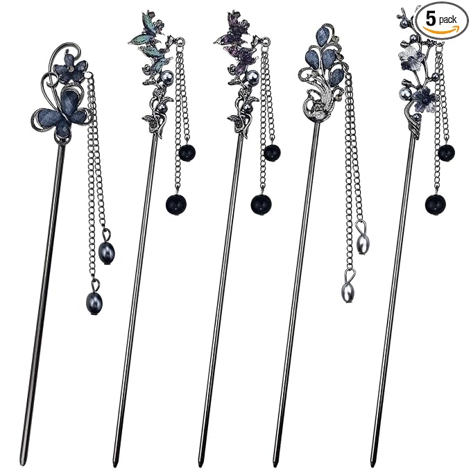 5PCS Butterfly Flower Hair Sticks for Buns Long Hair Retro Vintage Asian Chinese Traditional Hanfu Vintage Floral Metal Hairpins Hair Accessories for Women Girls