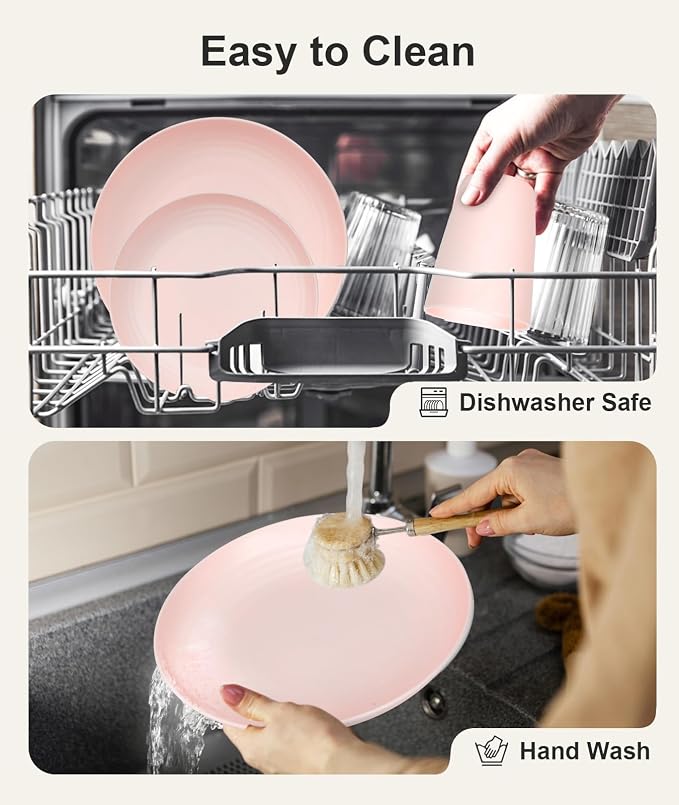 Quatish 32 Piece Plates and Bowls Sets for 8, Unbreakable Dinnerware Sets, Plastic Dish Set for Camping, Dishwasher Microwave Safe, Outdoor Kitchen and Apartment Dorm Dinning RV Essentials, Pink