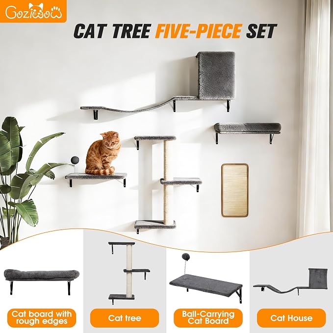 5 Pcs Wooden Indoor Cat Climber - Wall-Mounted Shelves, Perches, Scratching Board, Cat Ladder & Cat Tree - Grey